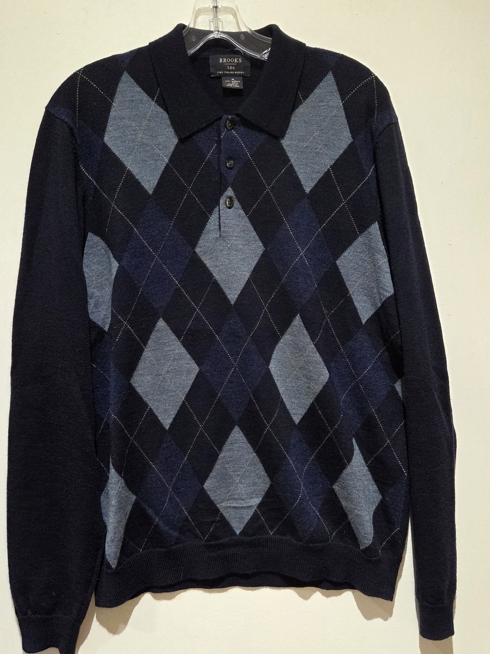 Brooks Brothers Men's Navy and Light Blue Argyle Polo Sweater